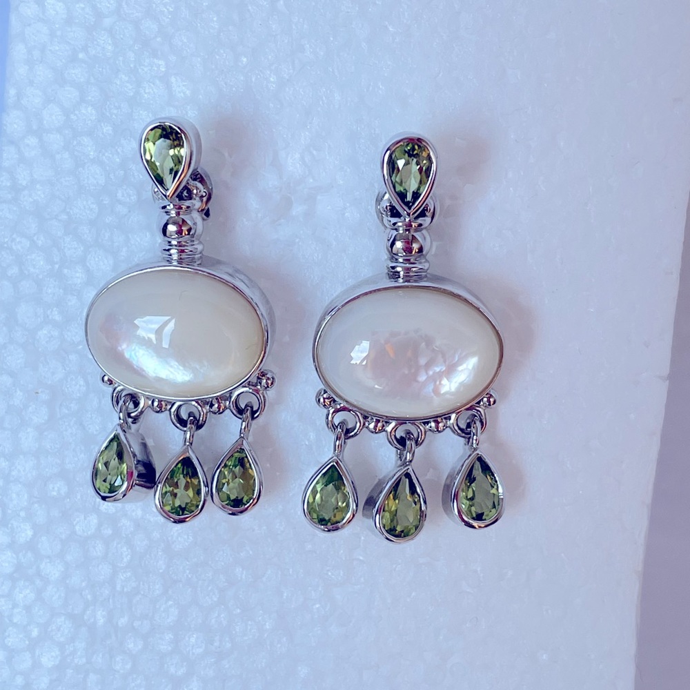 Ross Simons Earring with Oval Mother of Pearl and Peridot drop accents